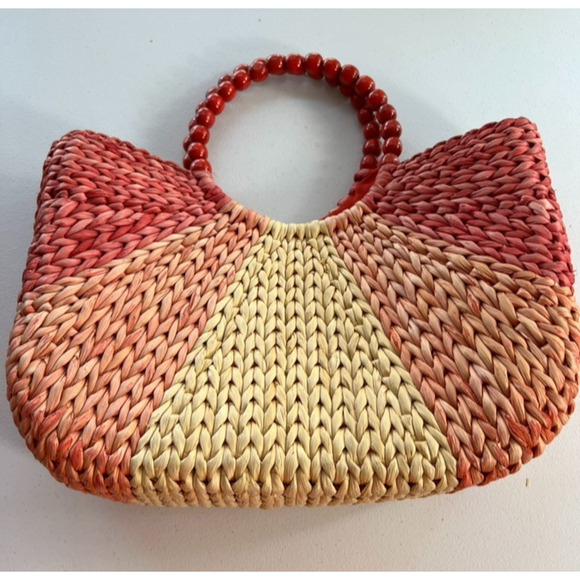 Judi Flowers Beach Tote For Bonjour Fleurette Beaded Wood Handles Lined - Picture 1 of 11